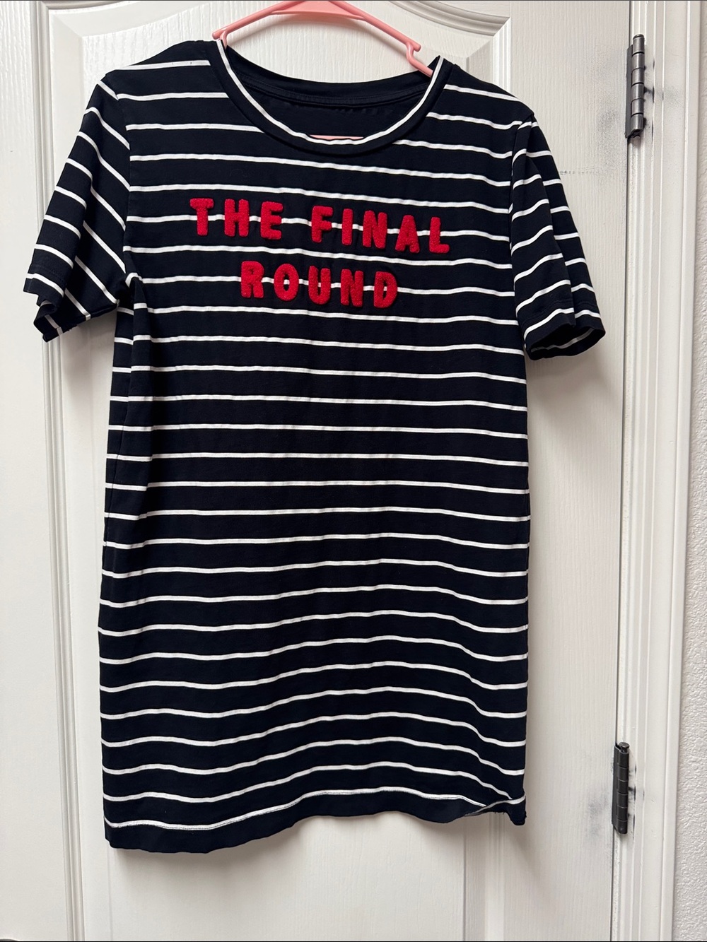 Black & White Striped Short Sleeve Tee with Red 'The Final Round' Appliqué